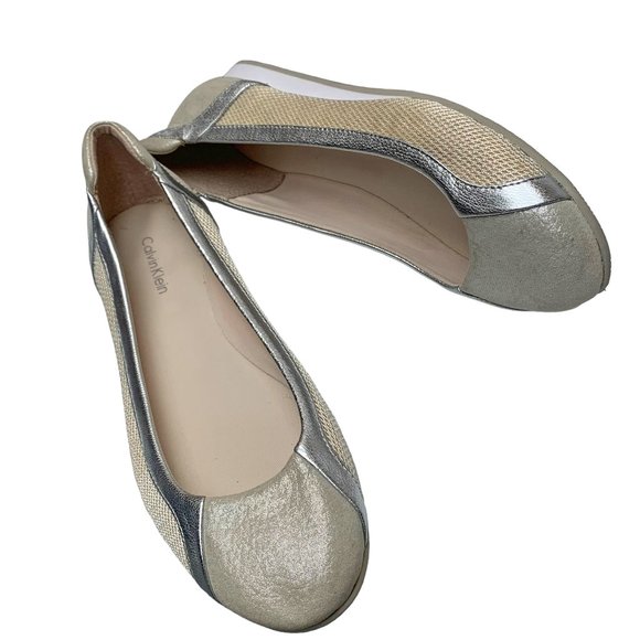 CALVIN KLEIN Starla Silver Leather Tan‎ Mesh Athleisure Flats - Picture 1 of 12